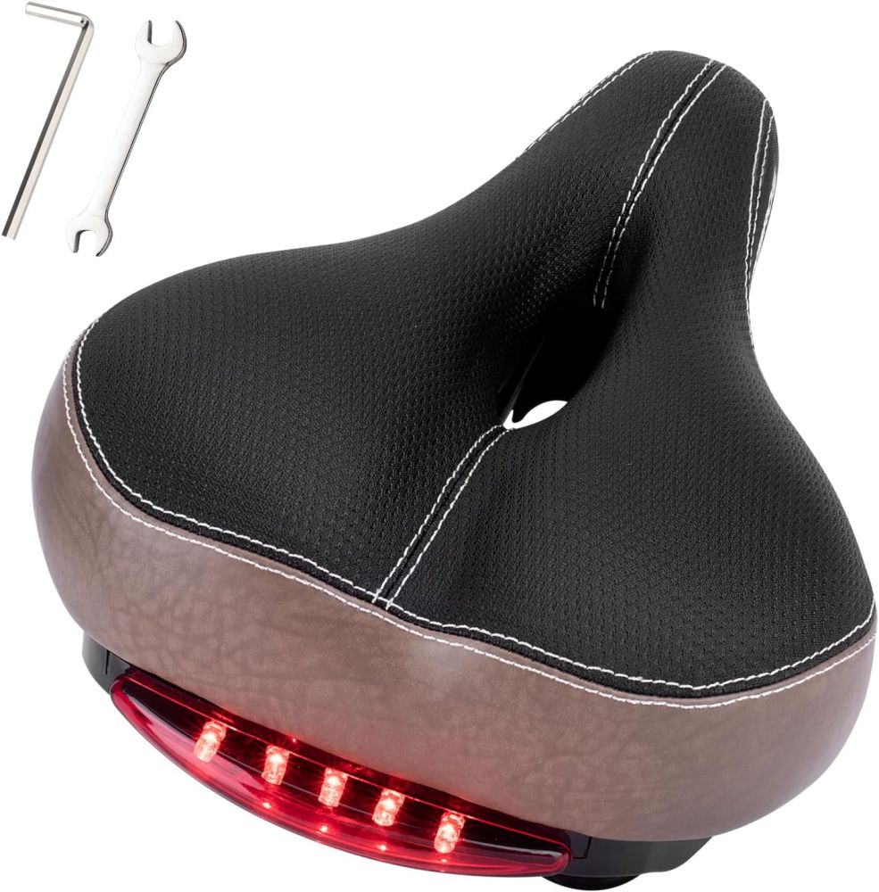 Comfortable Bike Seat for Women Men – Memory Foam Padded Bicycle Seat with LED Tail Light, Universal Bike Saddle Replacement