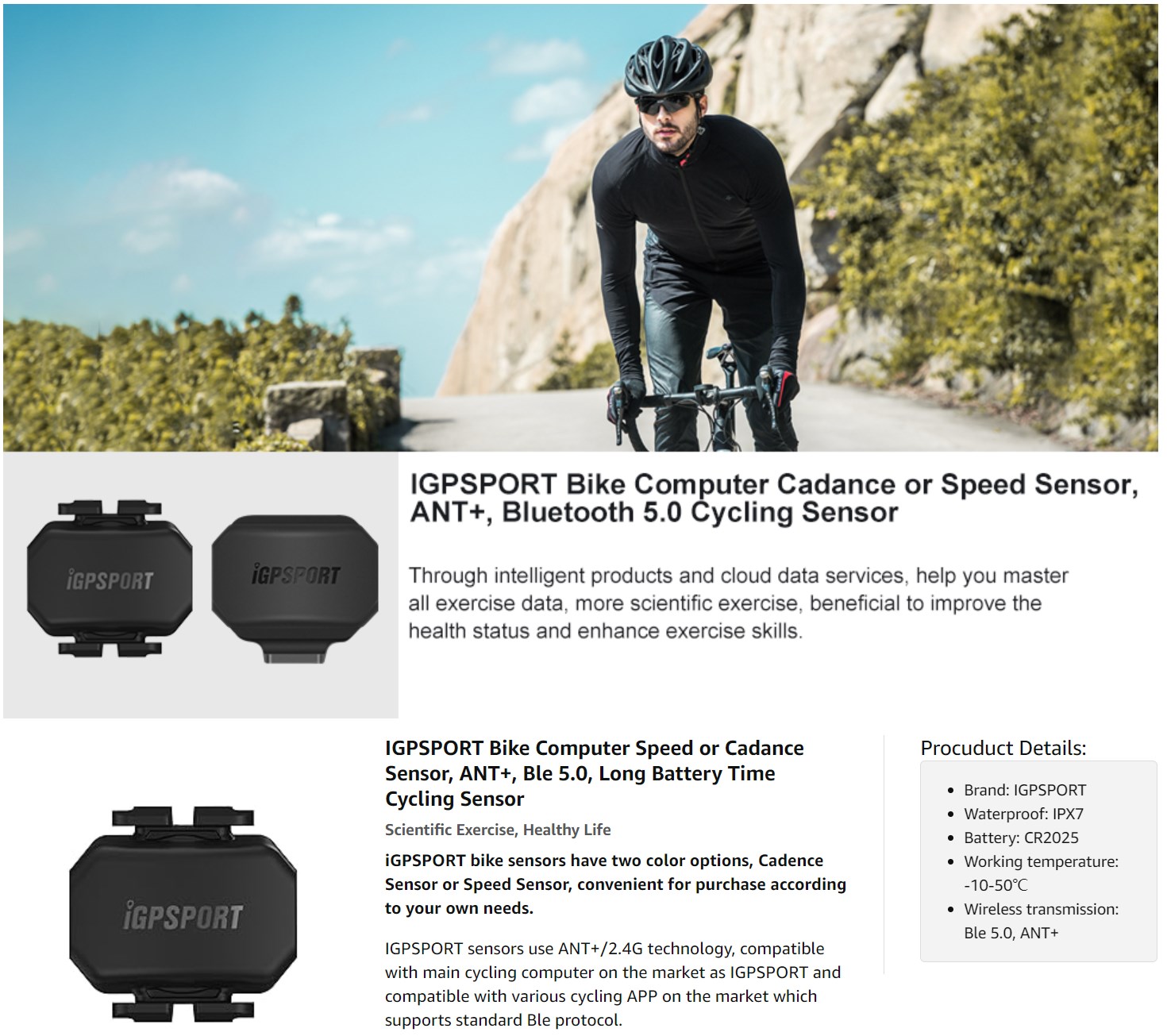 iGPSPORT Bike Cadence or Speed Sensor Cycling Sensor ANT+ & Bluetooth Wireless Cadence Sensor - Bike computer & accessories - 1