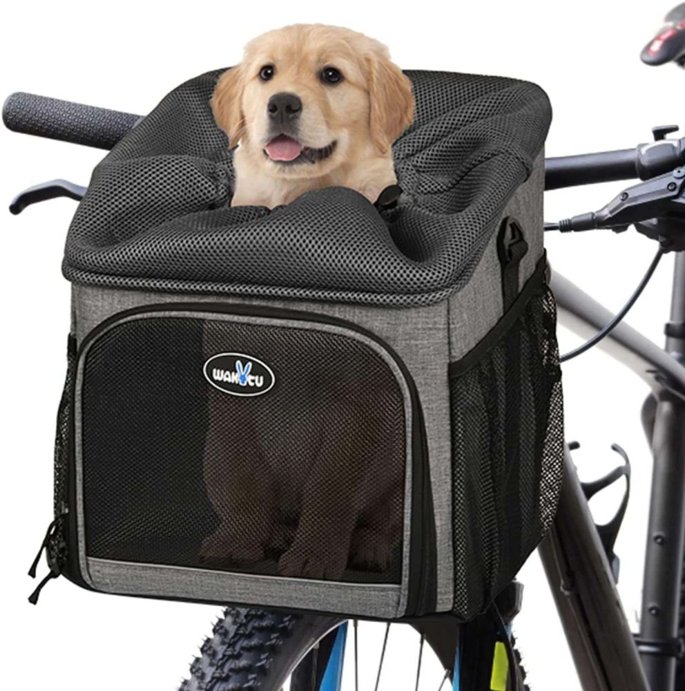 Dog Bike Basket Carrier, Pet Bicycle Front Carrier Backpack for Bike Riding Foldable Removable