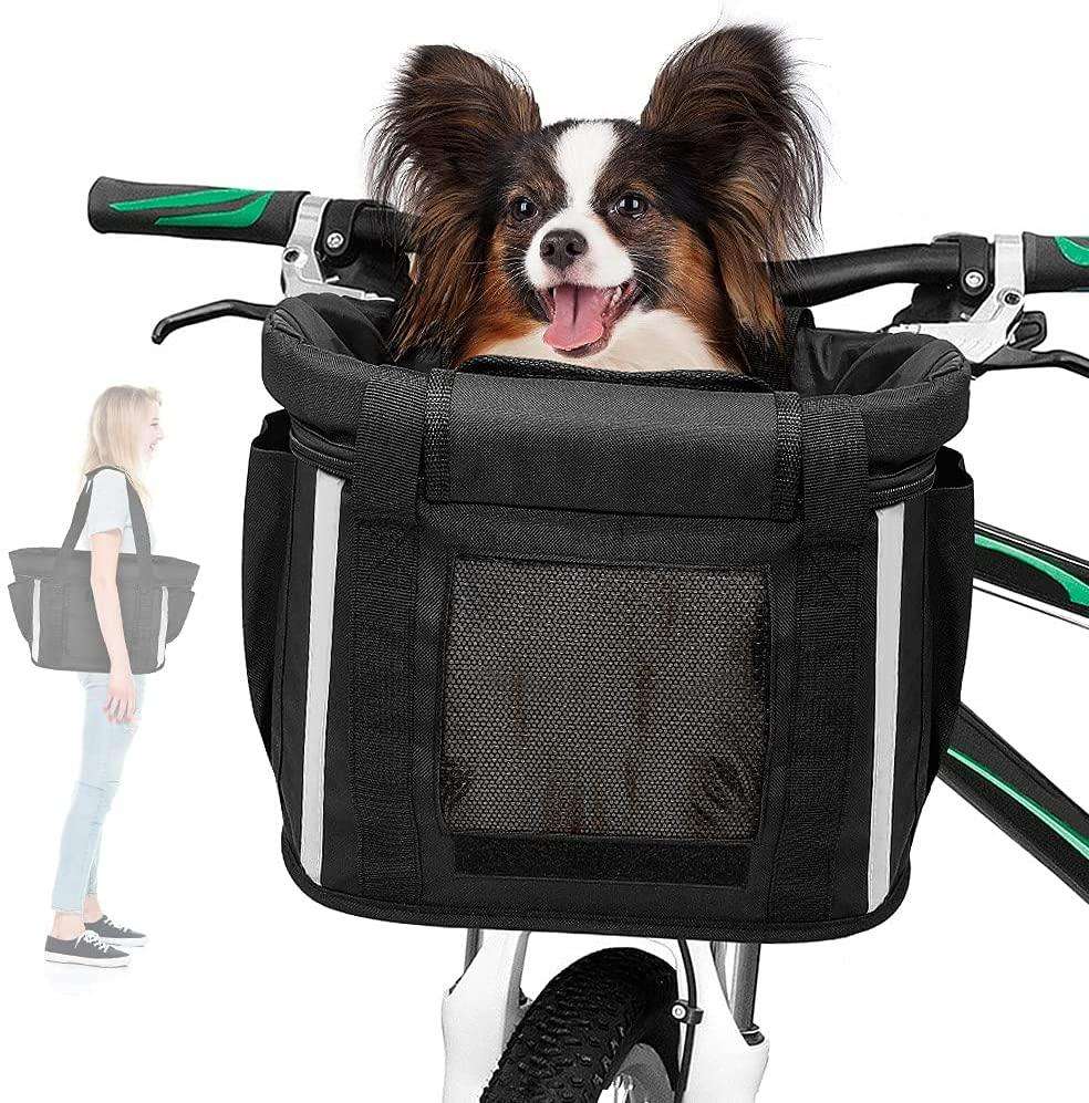 Pet Bike Baskets Folding Removable Handlebar Bag with Dog Mat Seatbelt Mesh Window - Bicycle bag - 1